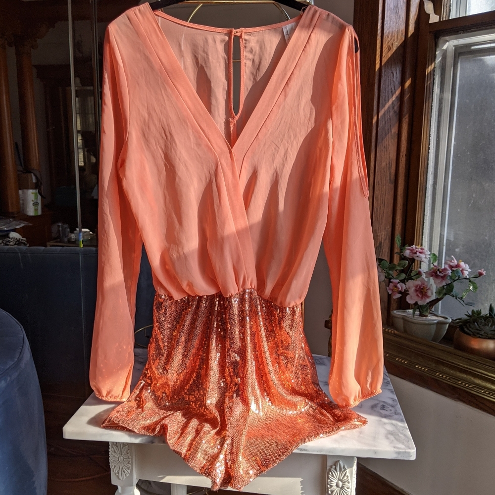 Tangerine Sequin + Sheer Cut Out Long Sleeve Rompe